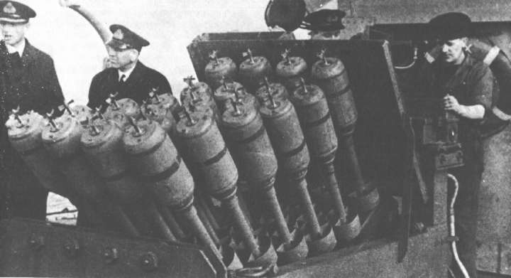 A Royal Navy depth charge launcher of the sort that American emissaries were fascinated to learn about