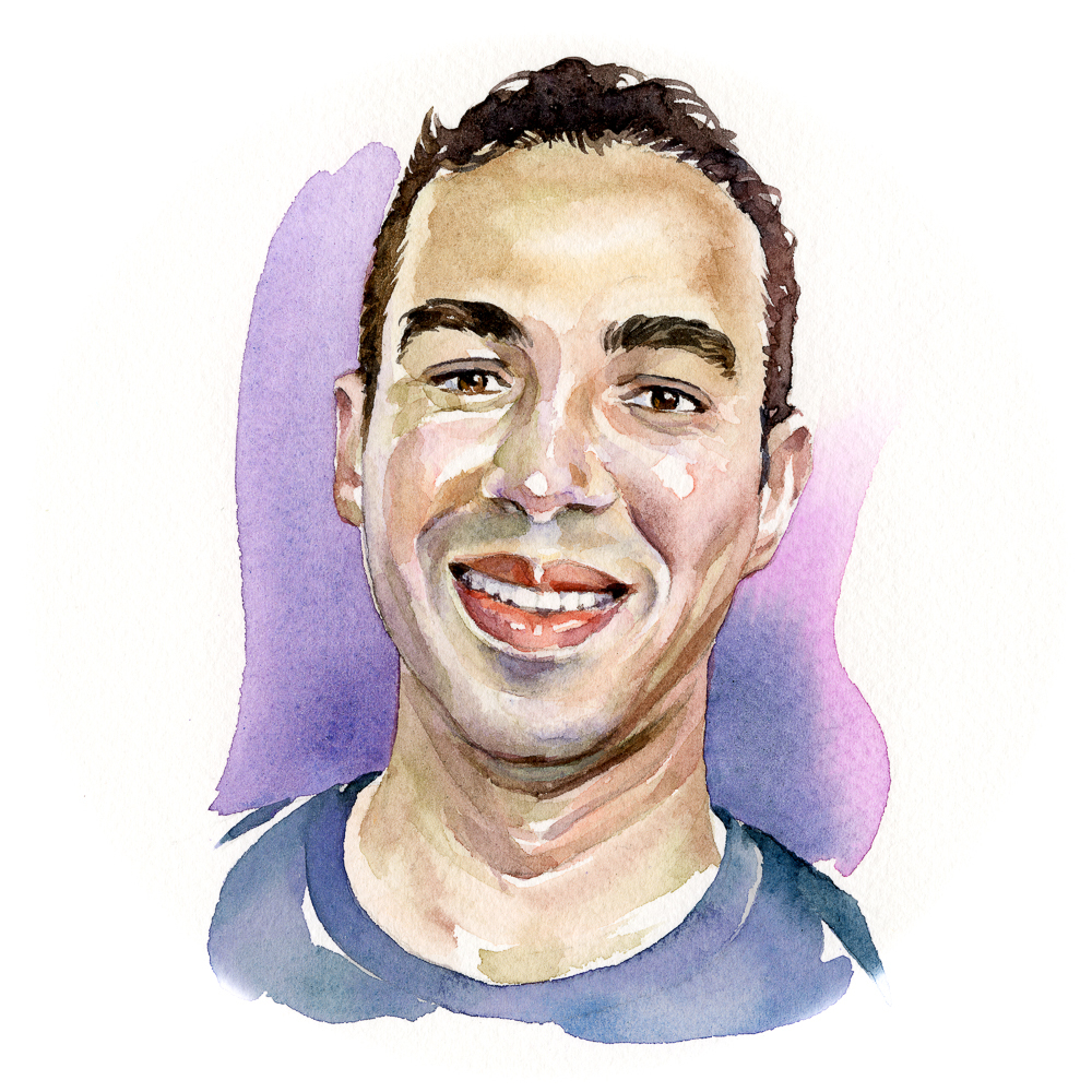 Hand painted watercolor headshot of Hamza Benkhay